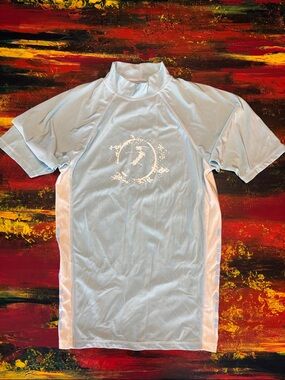Men’s Light Blue Short Sleeve Swim Rash Guard with White Panels